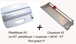 kit plastifieuse + coupeuse + 1 boite de pochettes A3 80 µ offerte